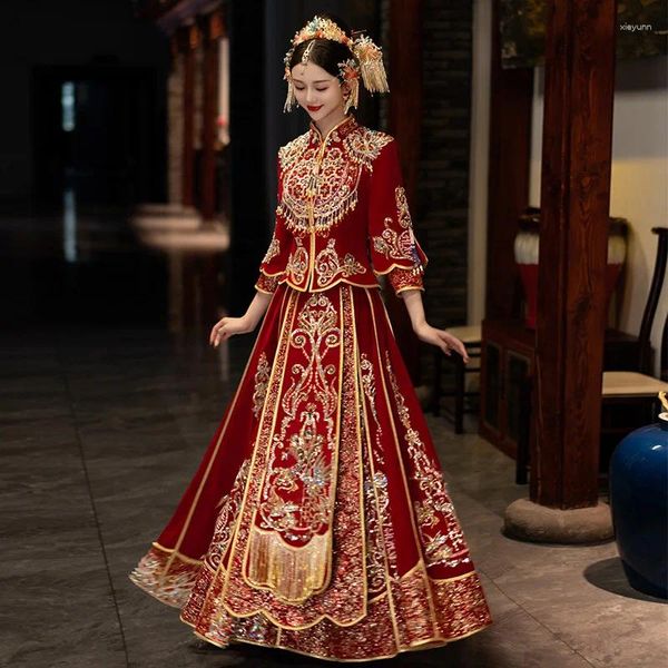 Etnik Kıyafet Vintage Zarif Modern Asya Kırmızı Kadife Nakış Geleneksel Çin tarzı Gelin Gelinlik Tost Cheongsam