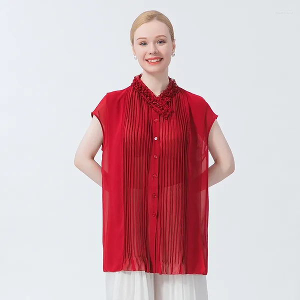 Camicette da donna Georgette di seta Vino rosso Scollo a V Cuciture Tridimensionali Pieghe decorative Rinfrescante e traspirante Camicia da pendolare Donna BE656