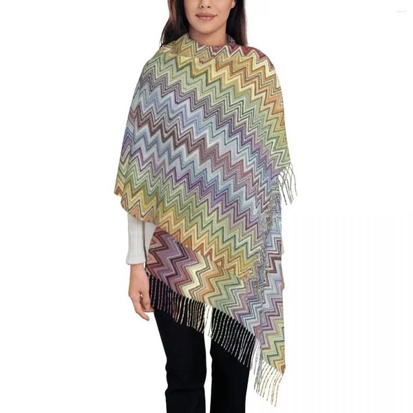 Sciarpe Boho Chic Sciarpa moderna a zigzag Avvolgente Donna Lungo inverno caldo Scialle con nappe Unisex geometrico multicolore