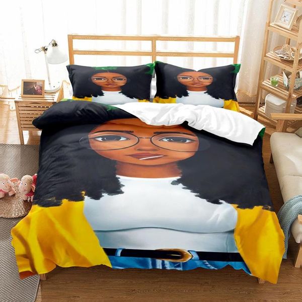 Set di biancheria da letto Stampa 3D Alla moda Ragazza africana Consolatore Copripiumino Federe Letto matrimoniale singolo Jogo De Cama Casal