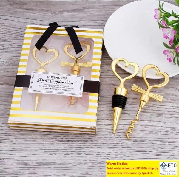 Tappo per apribottiglie in oro Set d'amore Confezione regalo Elegante bottiglia a forma di cuore Cavatappi Champagne San Valentino Matrimonio Souvenir Regali Bomboniera