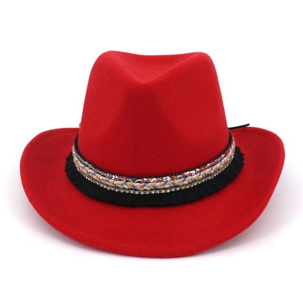 Chapéus de aba larga moda feminina feminina ocidental cowboy tagarelinha cinturão elegante lady jazz cowgirl toca sombrero tampa 56-58cm
