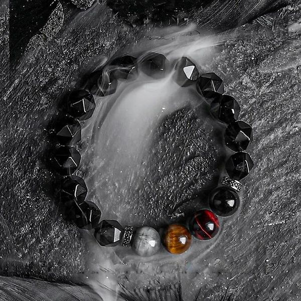 Strand série escura pulseira masculina natural facetada obsidian tigre olho pedra contas energia cobre cz pulsera 10mm