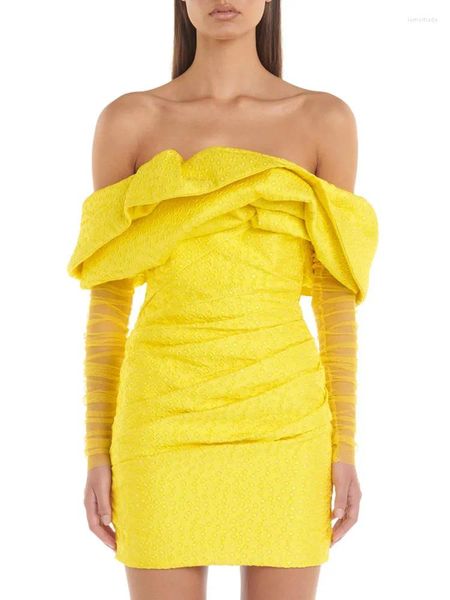 Vestidos casuais verão moda mulheres sexy fora do ombro malha manga longa babados amarelo mini vestido 2023 elegante noite clube festa