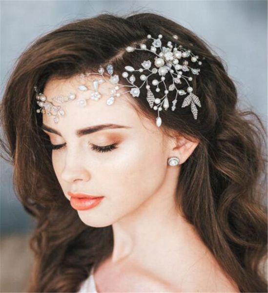 Pérola bandana testa corrente de cabelo jóias casamento nupcial flor tiara coroa acessórios para o cabelo festa baile cocar cabeça prata pie2646183
