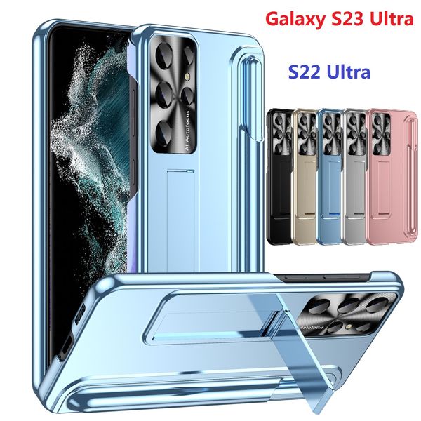 Überzugshüllen für Samsung Galaxy S23 Plus S22 Ultra Case Hard Stand Touch Pen Slot Metalllinsen-Schutzhülle