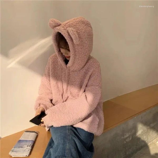 Kadın Hoodies Kadınlar Kawaii Sweatshirt Sevimli Ayı Kulak Kapağı Mujer Uzun Kollu Polar Palto Kültürü Sueter Y2K Sweatshirt