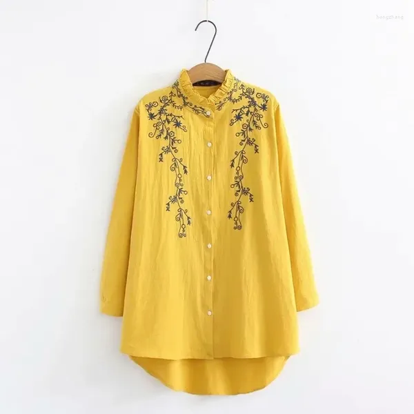 Blusas femininas plus size gola babados manga longa feminina 2023 bordado branco azul escuro amarelo camisa primavera outono senhoras topos