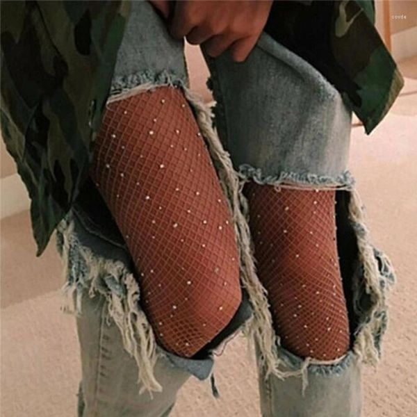 Frauen Socken Sexy Hohl Fishnet Strumpfhosen Kristall Strass Anti-Verhaken Strumpfhosen Strümpfe Solide Club Party Weibliche Mesh Calcetines