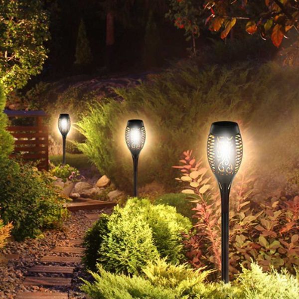 Lâmpadas de gramado Hot 12Led Solar Flame Lamp Outdoor Indução Lâmpada Tocha Lâmpada Jardim Courtyard Ground Decorativo Lâmpada P230406