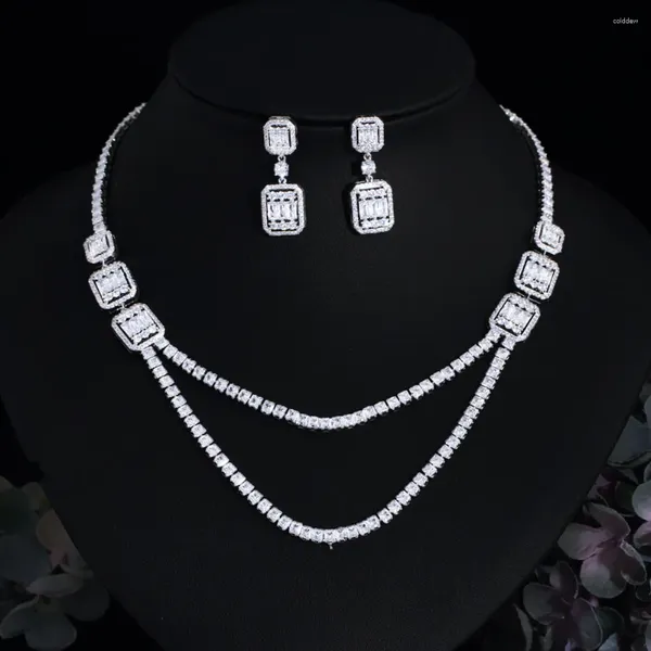 Halskette-Ohrringe-Set CWWZircons Glänzender weißer Zirkonia, doppellagig, für Hochzeit, Abend, Brautparty, Partykleidung für Frauen T731