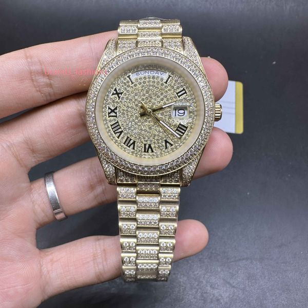 Iced Diamond Watch deus amarelo de Deus aço inoxidável Diamante de diamante Roman Numbers 41mm Automatc Wristwatch