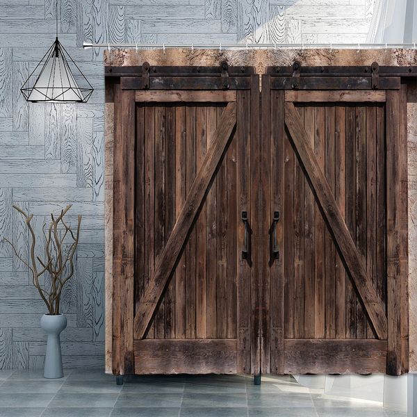 Cortinas de chuveiro Curta de madeira velha Porta de madeira Cortina de cortina do celeiro da fazenda rural decoração de casa