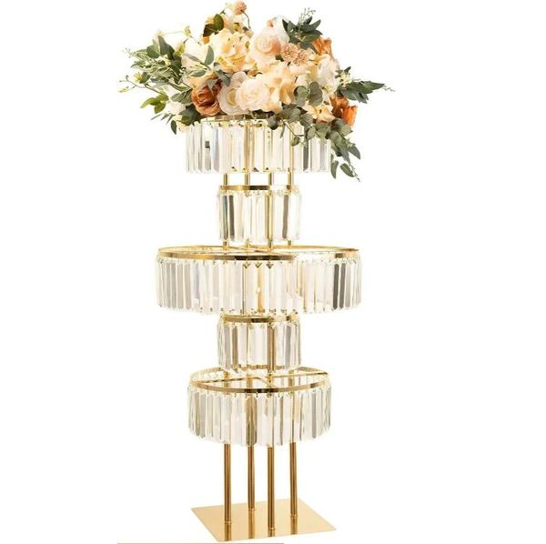 Suporte de flor acrílico de peça central de vaso de ouro de casamento com acrílico pendurado, base de lustre redondo de 5 camadas para casamento