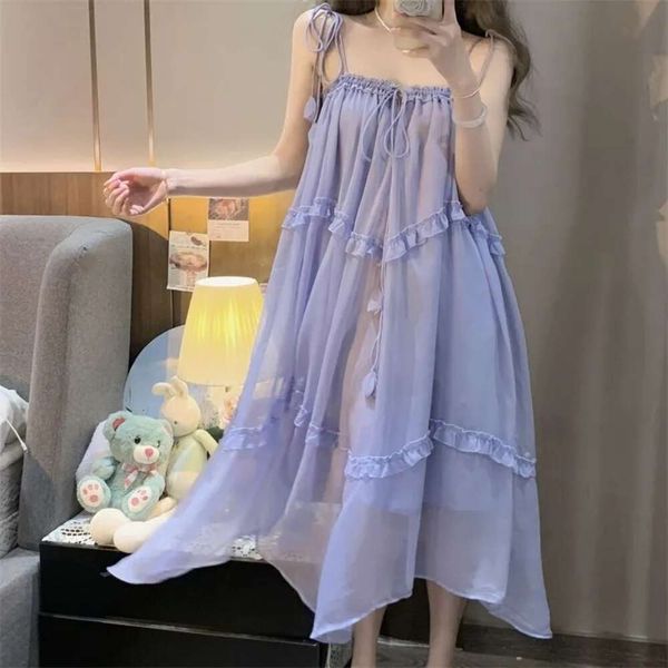 Rüschen Nachthemd Nachtwäsche Damen Koreanisches Chiffon Nachtkleid Einteiliges Pamas Slash Neck Sommer Krawatte Spaghettiträger Home Wear