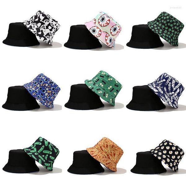 Berretti Estate Donna Uomo Cappello da pescatore Pieghevole Cartone animato Secchio Street Cappelli Hip Hop Cappellini Vintage Stampato Pesca GorrasBerets Pros22