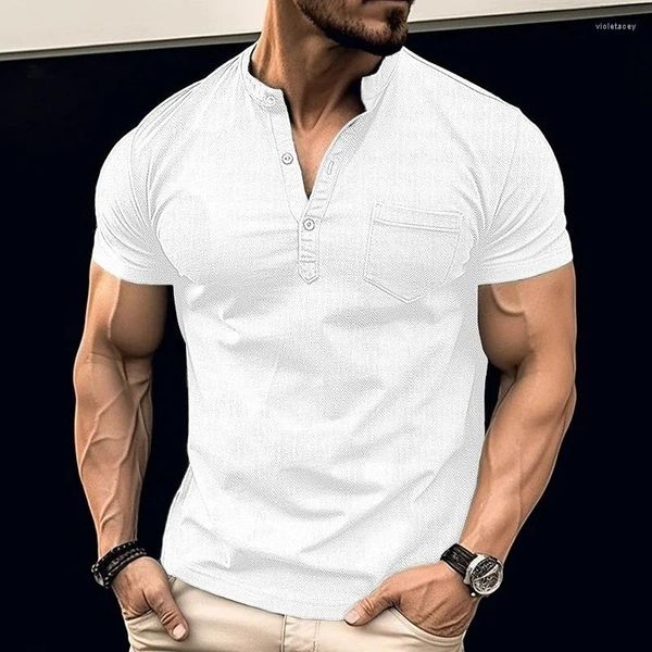 Homens camisetas Moda Stand Collar Button-up Cor Sólida Slim Tops Homens Polo Verão Casual Manga Curta Pulôver Tees Mens Camisa de Lazer