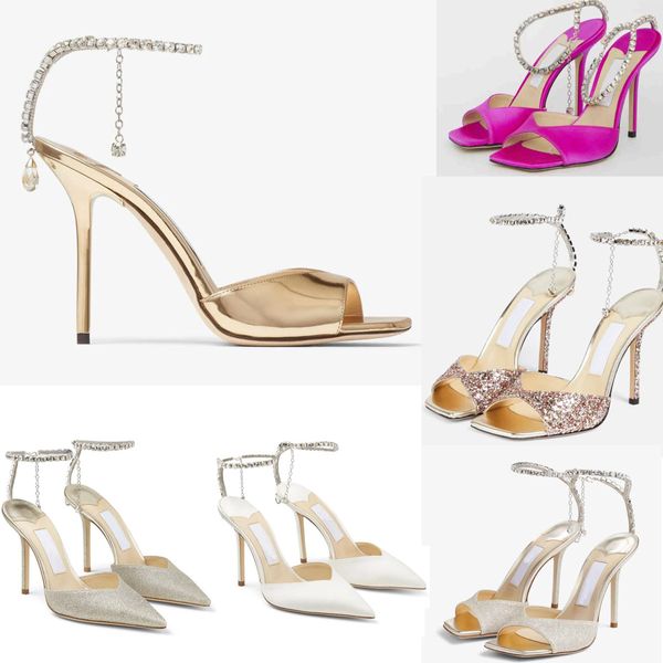 Frau Luxus-Designer-Sandale High Heels Elfenbein Saeda 100 Satin Lackleder spitzer Zeh offener Zeh Kristallkette Stiletto-Absatz Party Hochzeit Dame Gladiator Sandalias