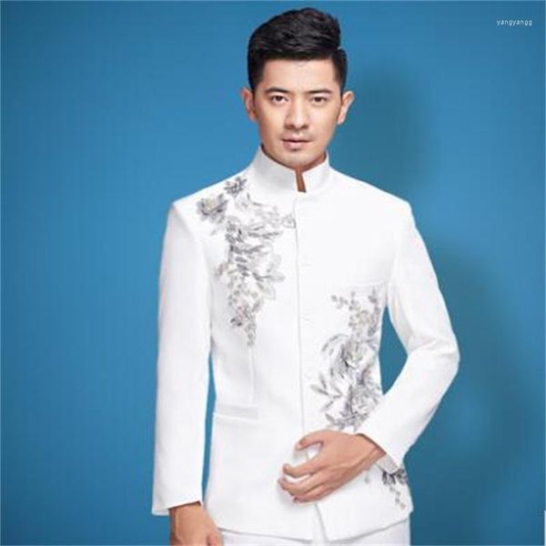 Herrenanzüge Chor Hochzeit Für Männer Blazer Jungen Prom Herren Chinesische Tunika Anzug Pailletten Masculino Neueste Mantel-Hose-Designs Weiß