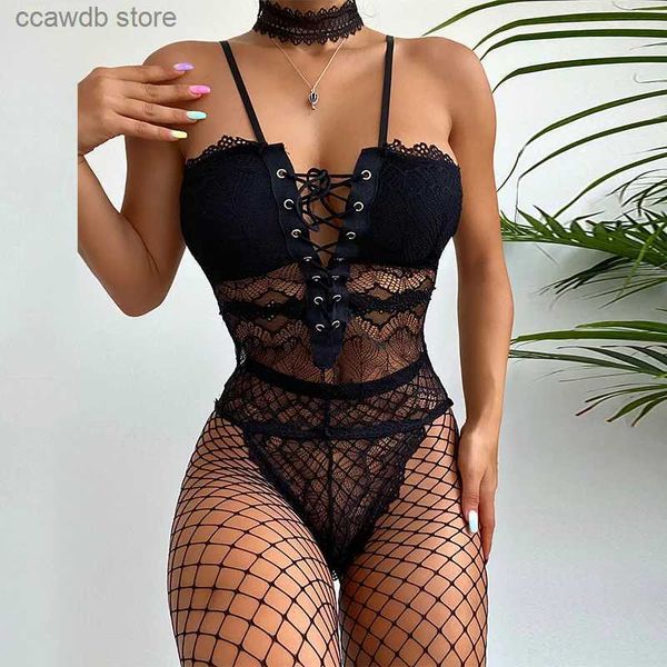 Sexy conjunto sexi rendas babydoll perspectiva erótica profunda v collants quente sexy lingerie sexy bodysuit vestido roupas sexy lingerie erótica t231106