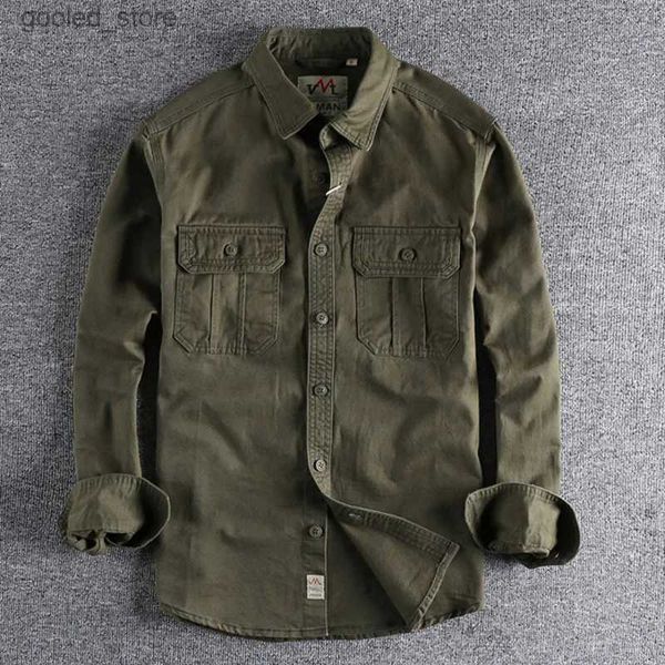 Мужские повседневные рубашки Amekaji Cargo Washed Shirt Мужчины с длинным рукавом Холст Хлопок Военная форма Легкая повседневная работа в стиле сафари Мужские рубашки Верхние пальто Q231106