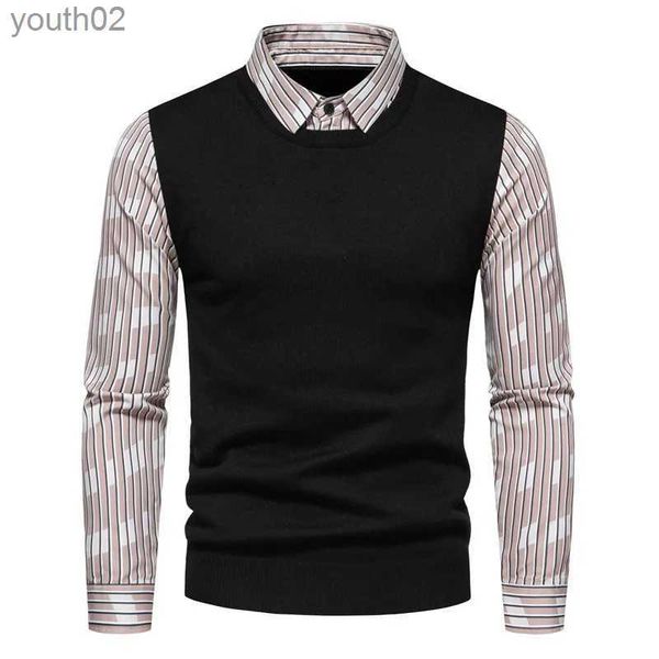 Suéteres masculinos 2023 malhas masculinas outono e inverno nova moda camisa gola camisola falsa duas peças emenda camisola masculina yq231106