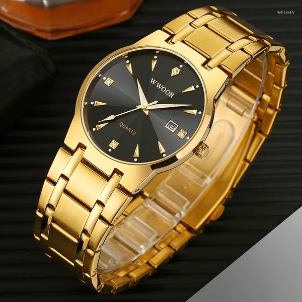 Нарученные часы Wwoor Diamond Watch для мужчин роскошные часы Gold Fashion Причинная нержавеющая сталь водонепроницаемые наручные часы Relogio Masculino