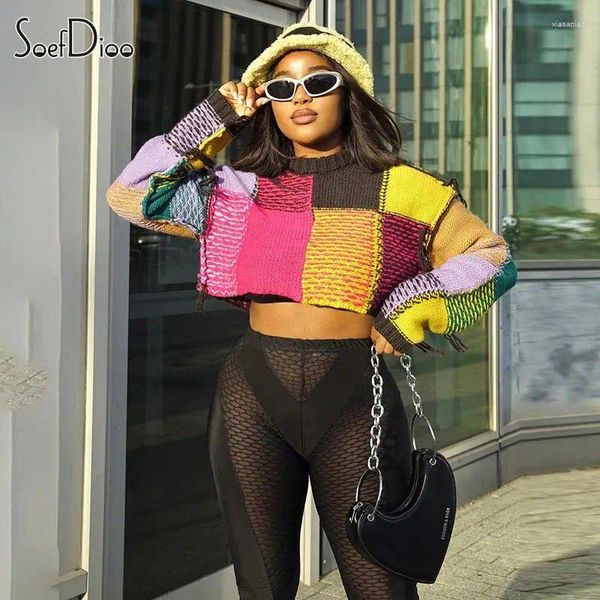 Maglioni da donna Soefdioo Colore Plaid Patchwork Manica lunga O-Collo Maglione a vita nuda Donna Autunno 2023 Y2K Top Streetwear Moda Allentato