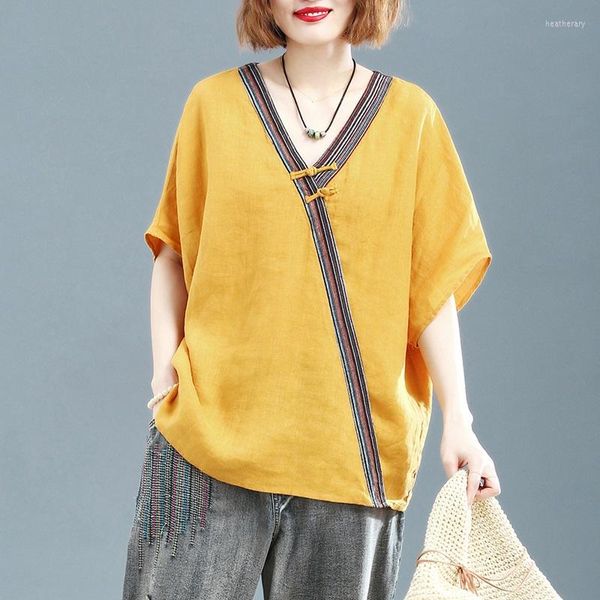 Abbigliamento etnico Donna in stile cinese Top e camicette da donna 2023 Maglietta letteraria estiva Maglietta vintage per abbigliamento asiatico Oversize