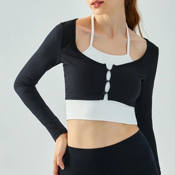 Camicie attive Color Clash Camicia a maniche lunghe da yoga da donna Top corto traspirante sottile Top da palestra per corsa Fitness ad asciugatura rapida