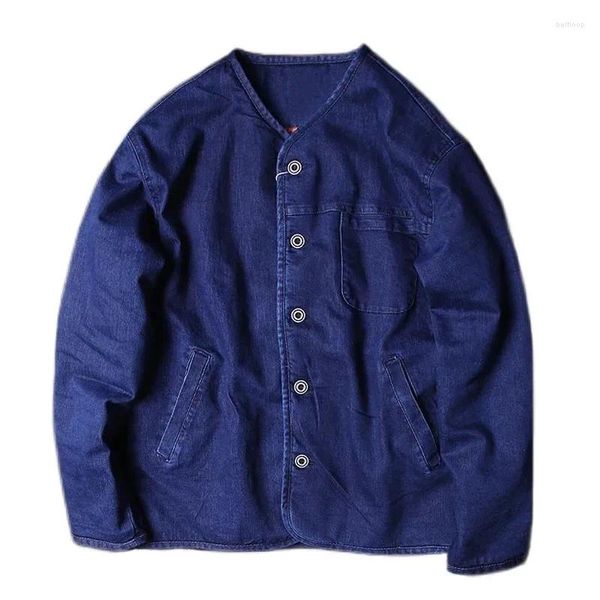 Männer Jacken Japan Stil Steppfutter Männer V-ausschnitt Denim Jacke Einreiher 2023 Herbst Winter Dunkelblau Vintage Jean