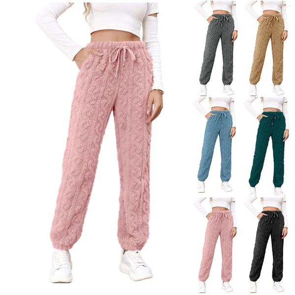 Pijamas femininos cor sólida H pijamas macios de lã fofa calças quentes calças confortáveis de inverno