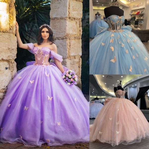 Glitter Princess Quinceanera Dress 2023 Big Bow 3D Butterfly Charro Mexican Prom Quince Sweet 15/16 Birthday Party Dress for 15th Girl vestido de 15 anos Corset Lilac