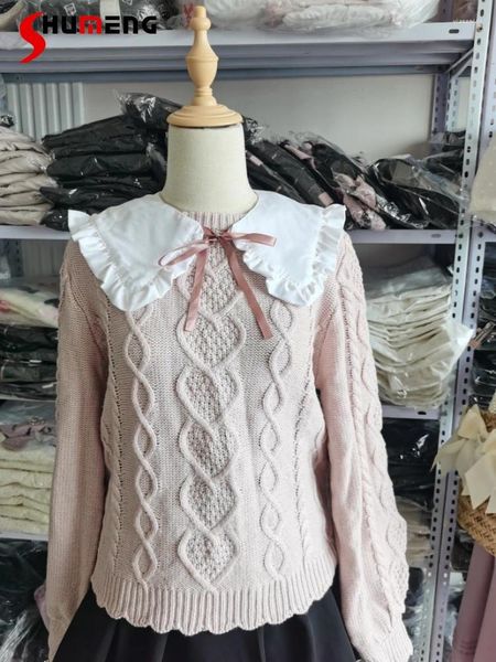 Suéteres femininos estilo japonês bonito mulheres rosa malhas outono 2023 doce pulôver camisola de manga comprida com boneca marinheiro colarinho conjunto de duas peças