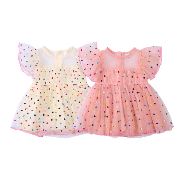 Девушки одеваются на летние детские детские детские рукава, сетчатое платье из красочное печать в горошек.