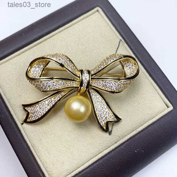 Pins Broches MeibaPJ 9-10mm Natural Golden Pearl Bow Corsage Broche Moda Camisola Jóias para Mulheres Bandeja Vazia Q231107