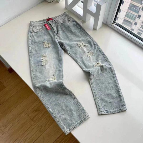 Мужские джинсы, уличная одежда для мужчин, модные брюки в стиле хип-хоп с буквенным принтом, однотонные мужские джинсовые брюки, рваные азиатские размеры M-XXL