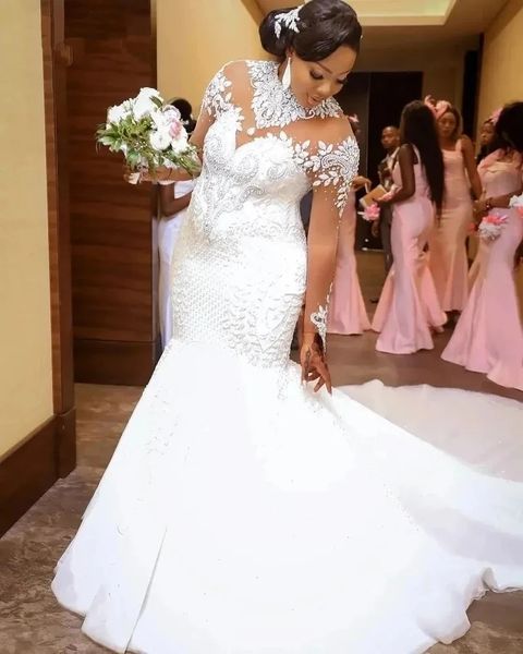 2024 Abito da sposa a sirena di cristallo per la sposa Collo alto Maniche lunghe Illusion Maniche in pizzo Abiti da sposa Abiti da sposa civili africani taglie forti