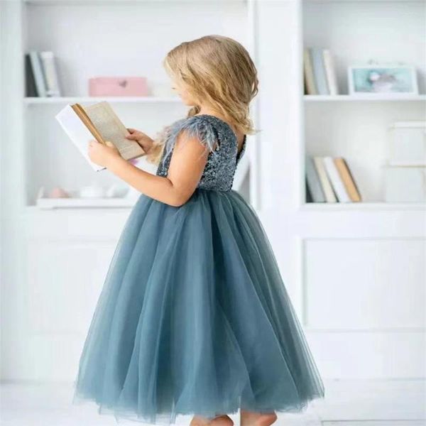 Mädchenkleider Blumenkleid Federn Blaue Pailletten Prinzessin 2023 Ballkleid Kindergeburtstag Party Erstkommunion Festzug