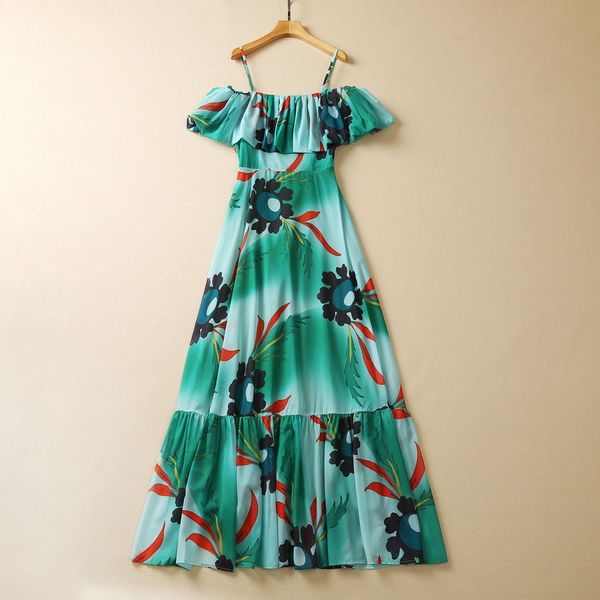 2023 Summer Green Floral Print Paneled Dress Off Shoulder Slash Neck Ruffled Midi Abiti casual S3A050330 Plus Size XXL