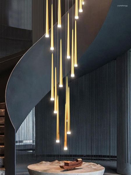 Lampadari Lampadario per scale di lusso Luce semplice Luci pendenti lunghe Edificio duplex Villa Loft Appartamento Tromba delle scale rotante