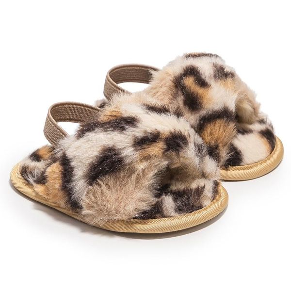 Сандалии Bobora Indoor Outdoor Slippers 0-18 м девочек-девочек леопардовые плюшевые предметы искусственного меха, рожденные без скольжения