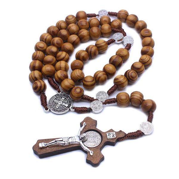 Chains Fashion Round Bead Bead Католический розарий перекрестные религиозные деревянные бусинки мужчины ожерелье подарка для мужа отец дедушка