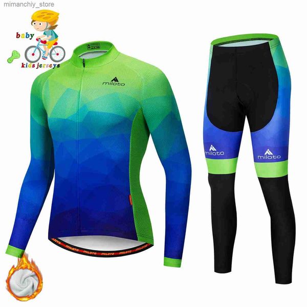 Set di maglie da ciclismo MILOTO Abbigliamento da ciclismo per bambini Ragazzi Gradient Long Seve Jersey Set Campione del mondo 2021 Uniforme termica per bambini invernali Q231107