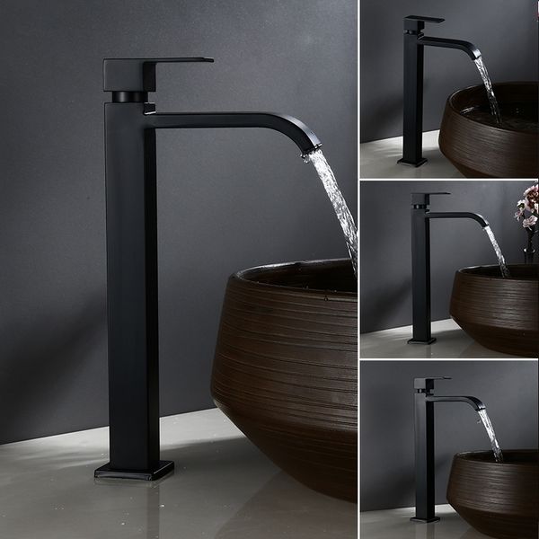 Rubinetti per lavabo da bagno Rubinetto per lavabo nero opaco Cascata in acciaio inossidabile Rubinetto per vaso alto Singolo acqua fredda Montaggio su ponte Lavabo 230406