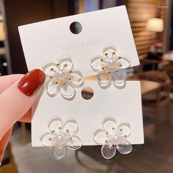 Brincos de garanhão estilo coreano Flor acrílica transparente para mulheres Moda Pérola Esteira Jóias Pendientes por atacado C020