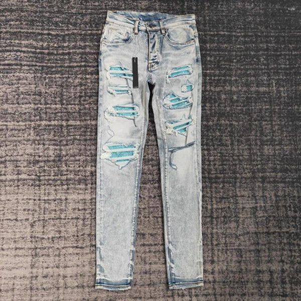 Jeans Uomo Paillettes Diamanti Distressed Blu Lt