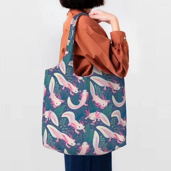 Einkaufstaschen Kawaii süße Axolotls Tote Wiederverwendbare Salamander Tier Lebensmittelgeschäft Canvas Shopper Umhängetasche Pografie Handtaschen