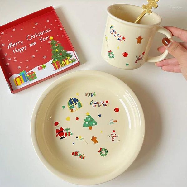 Piatti Simpatico cartone animato di Natale Dessert Ins Tazza in ceramica Kawaii Babbo Natale Tazza di caffè al latte Tè pomeridiano Accessori da cucina Regalo