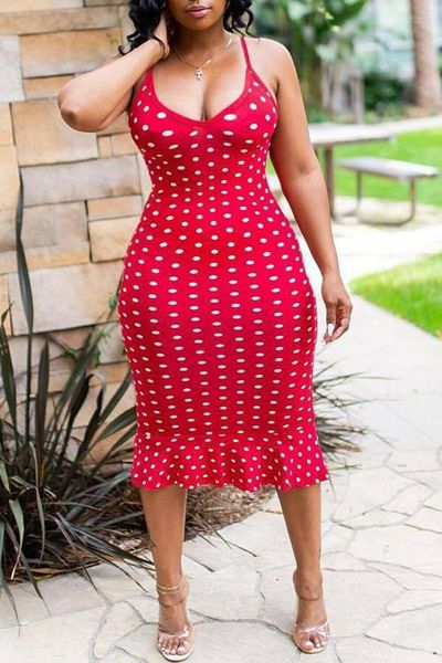 Lässige Kleider Plus Size Damen Strandkorsett Kleines Kleid Sonnenrock Lange Sexy Hosenträger Ärmellos Polka Dot Print Rüschen